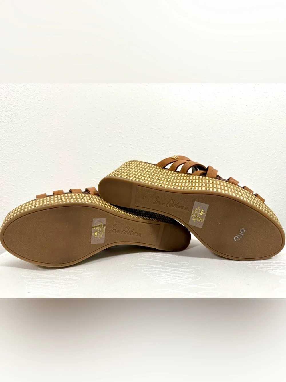 Sam Edelman Leather Espadrille Wedge Sandals 8.5 Tan Strappy Platform